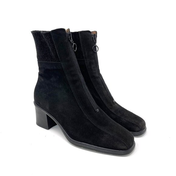 Aquatalia Black Suede Mid-Calf Boots Front Zipper Closure & Block Heel Size 7 - Picture 1 of 9